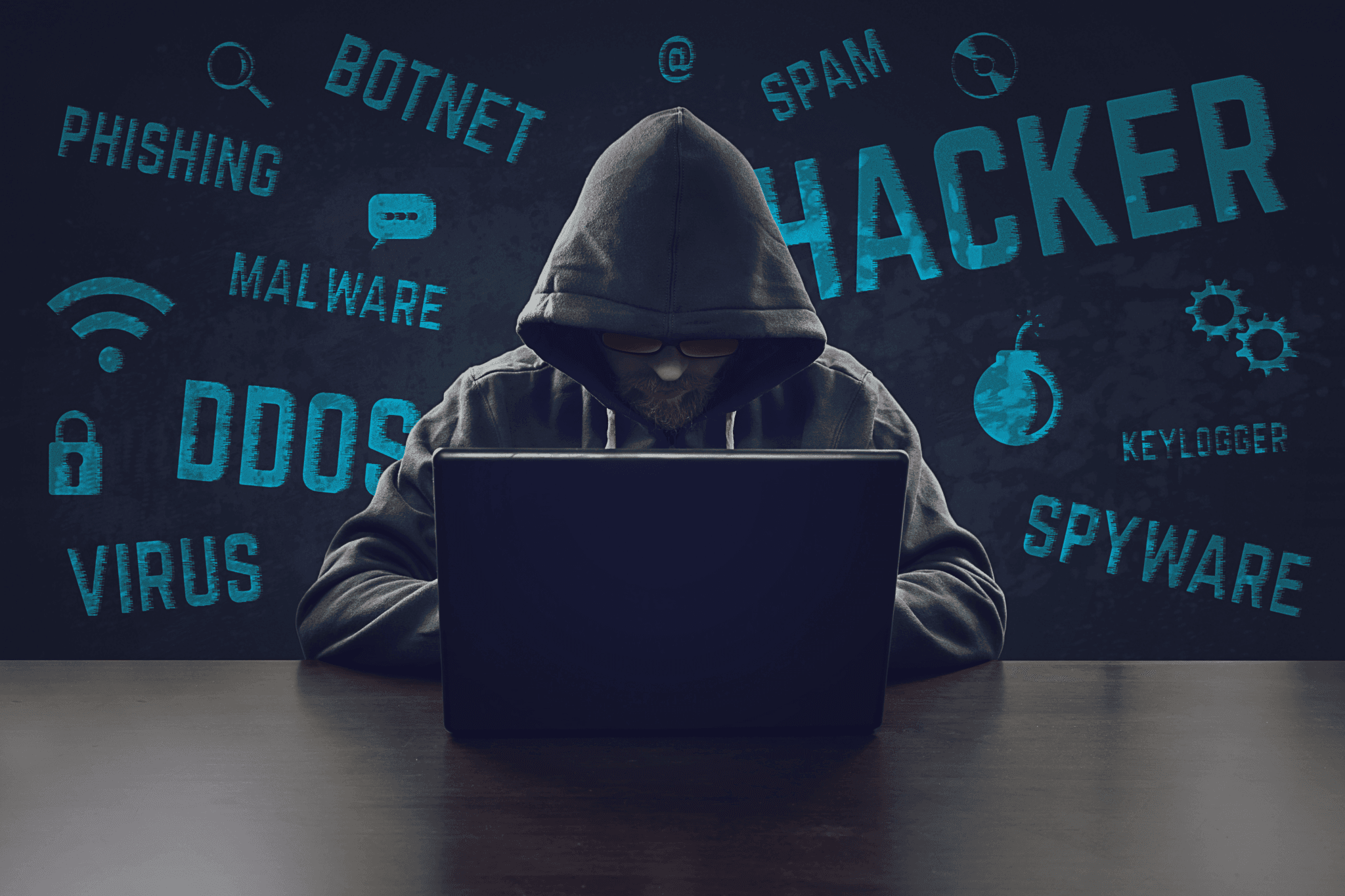 hacker using malware botnet spyware to break security